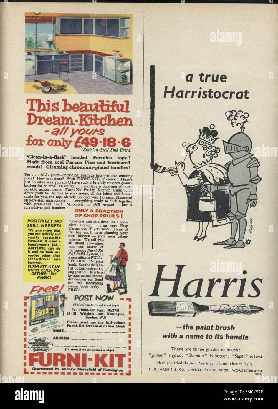 Avertisement from 1960's home improvement magazine for Furni-kit kitchens and Harris paint brushes. good vintage backgrounnd for copy text. Stock Photo
