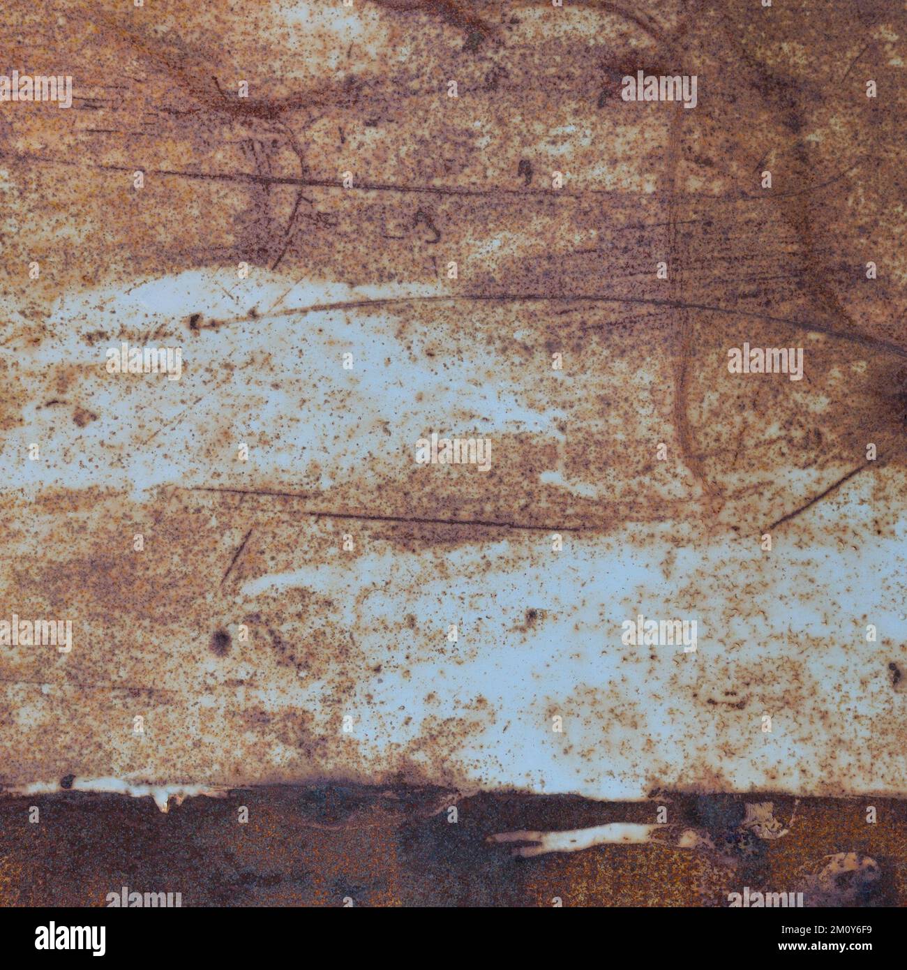 Old light blue painted grey rusty rustic rust iron metal frame background texture, horizontal aged damaged weathered scratched framed plain paint Stock Photo