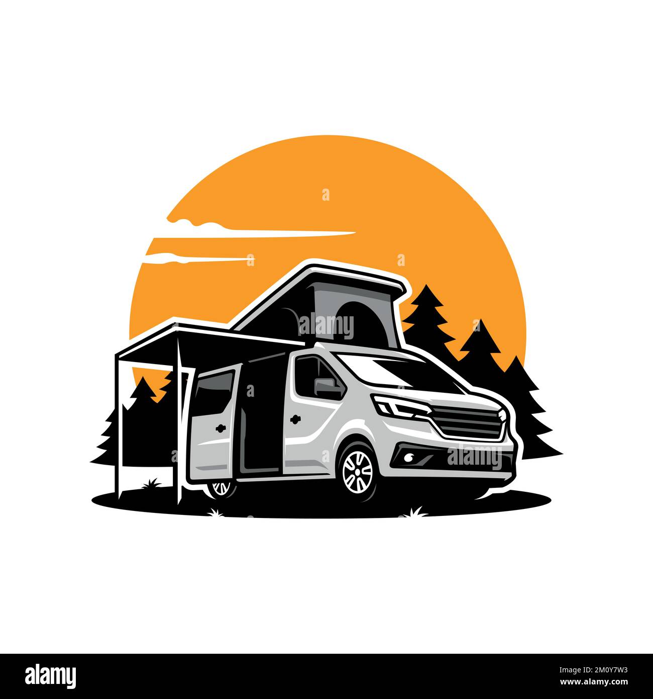 A vector illustration of a red camper van in a forest, at the sunset ...