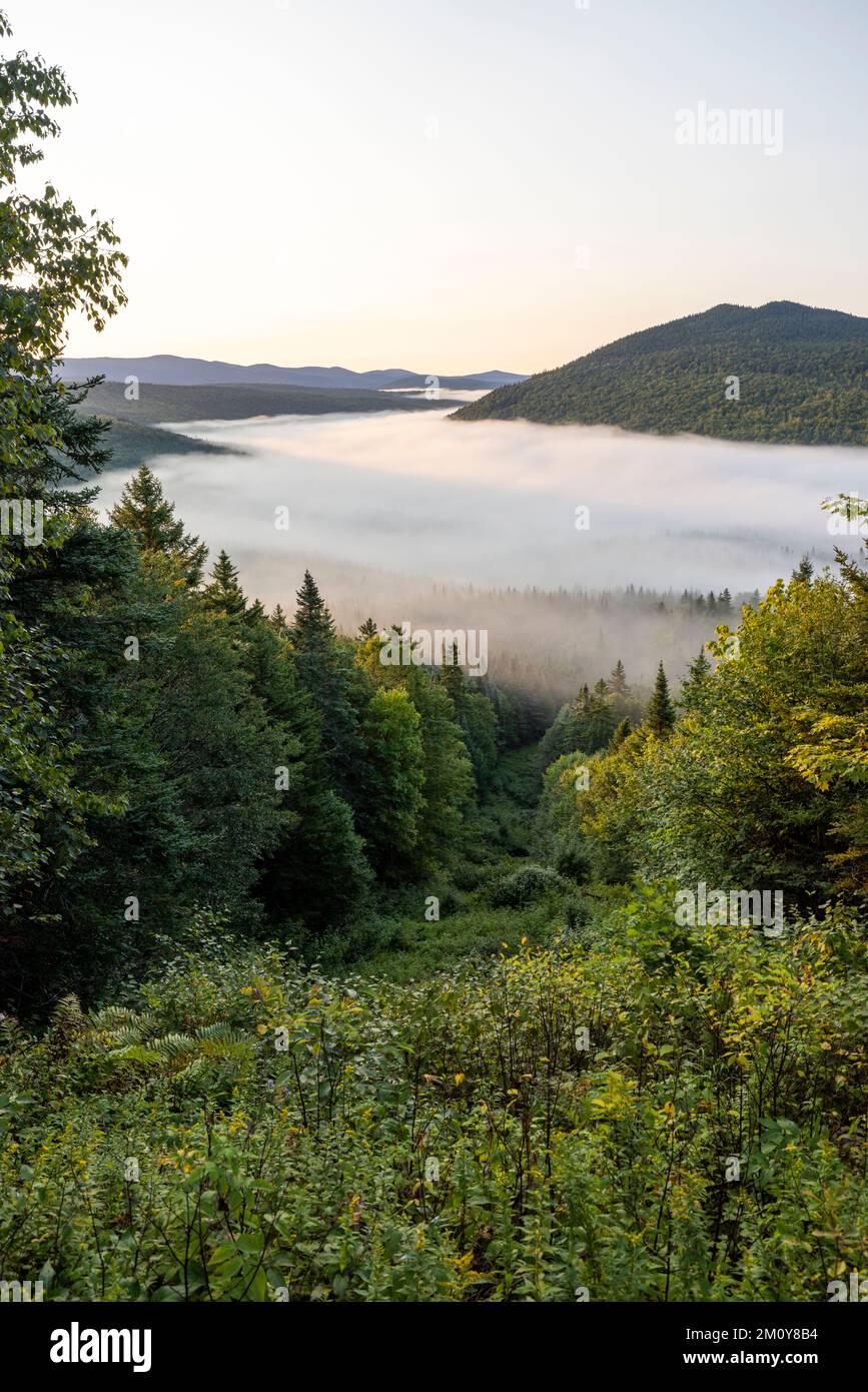 Mist covers the valley along the Maine Quebec international border Stock Photo