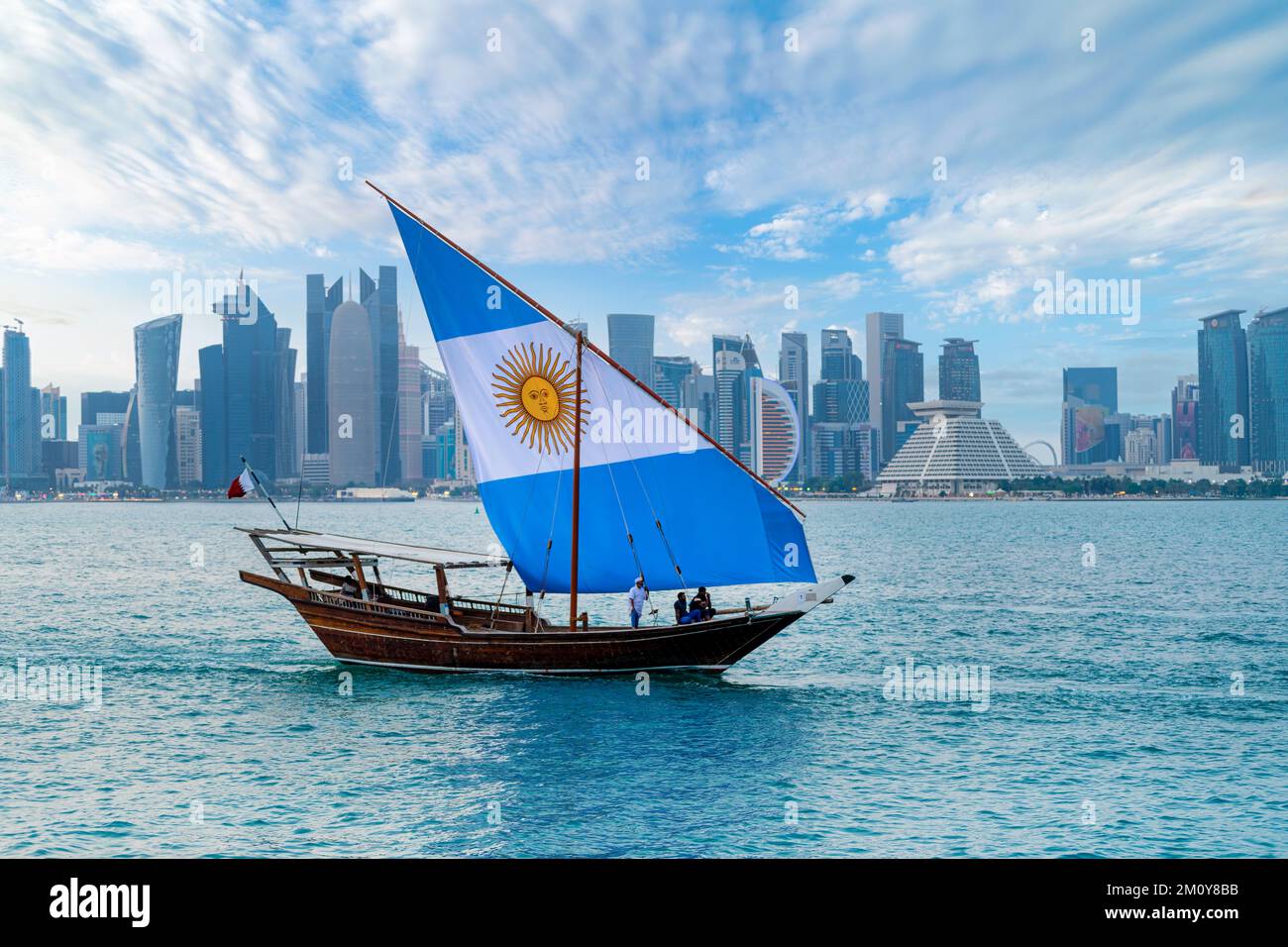 Dhow Boat on Corniche with Argentina's Flag. FIFA Qatar World Cup 2022 Stock Photo