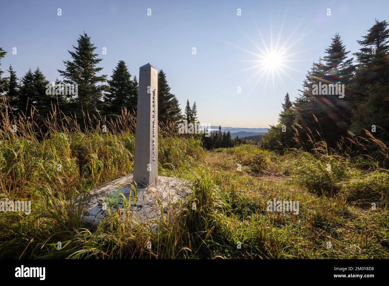 Border obelisk and along international boundary between USA and Canada Stock Photo