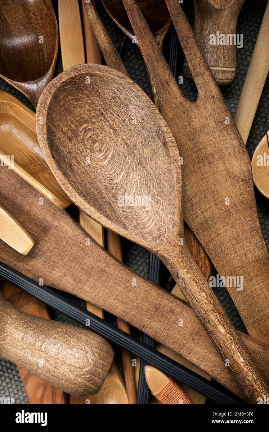 Stacked group of wooden cutlery Stock Photo Alamy