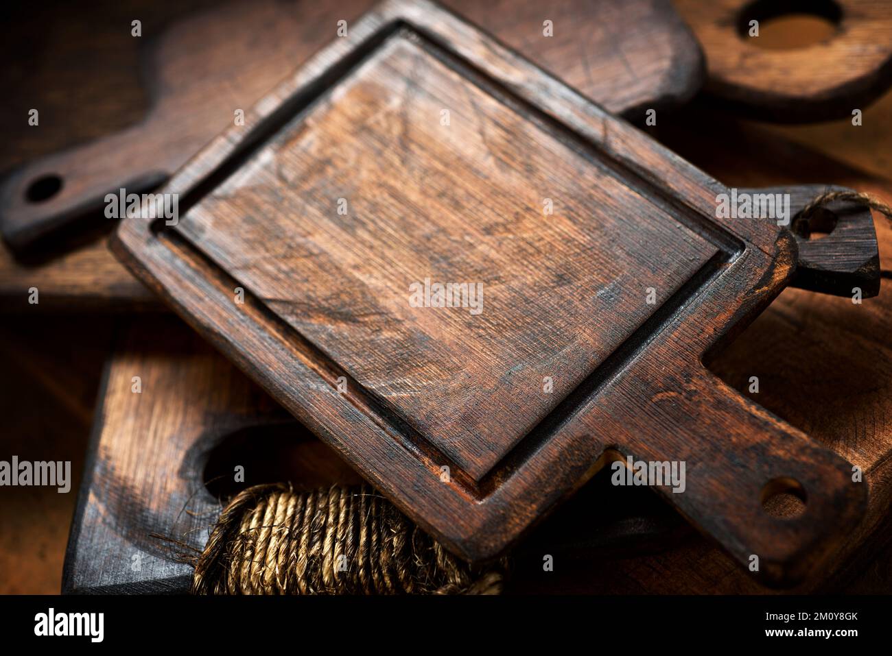 Stacked kitchen cutting boards view Stock Photo