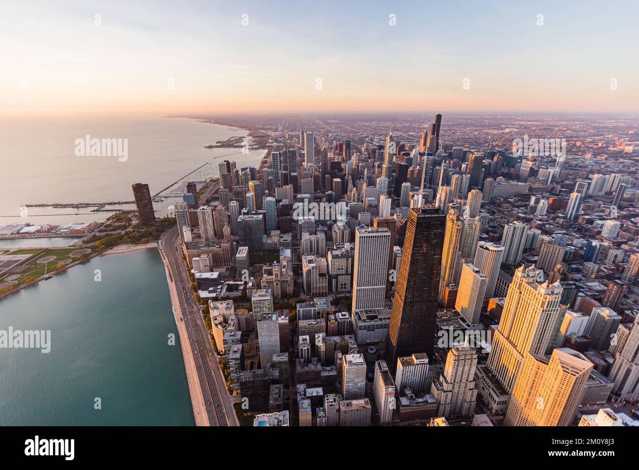 Sunrise Aerial of Downtown Chicago Skyline Stock Photo Alamy