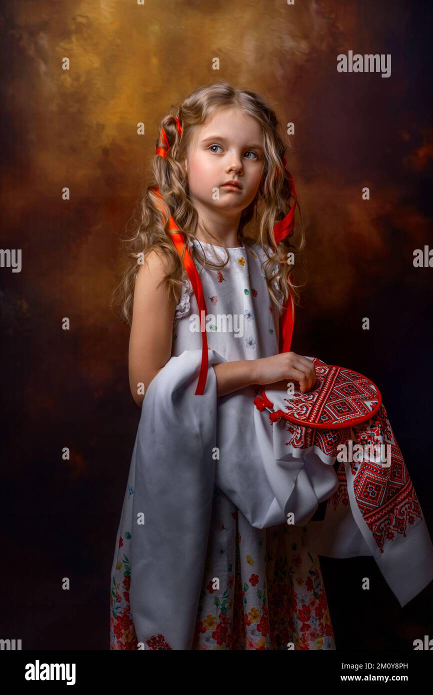 girl with red ribbons in her hair Stock Photo Alamy
