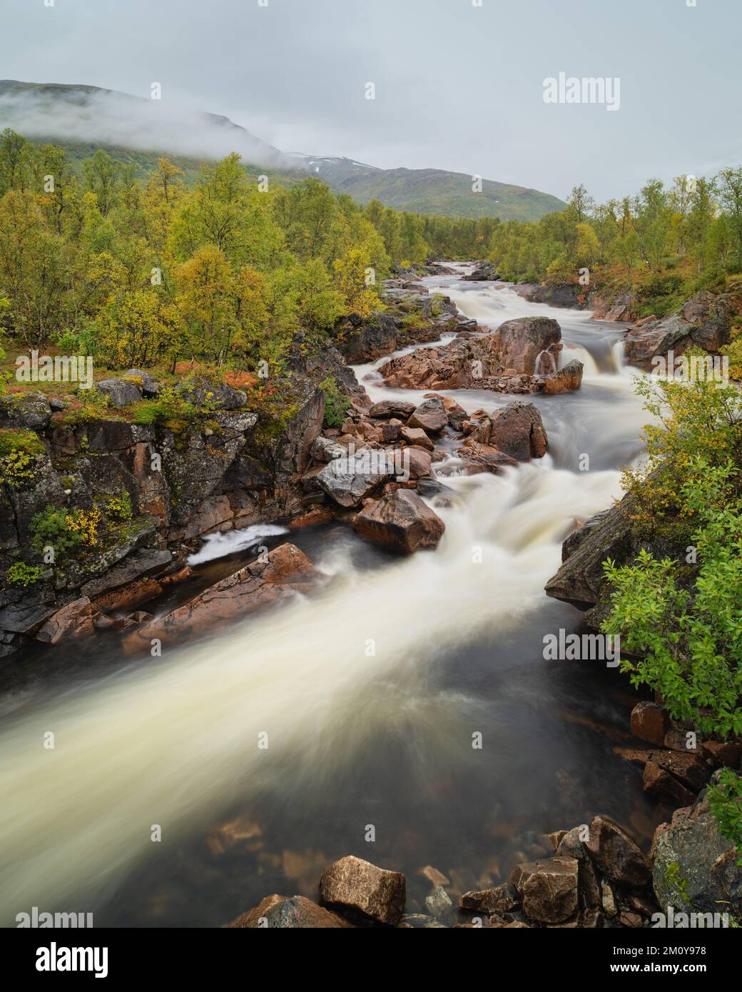 Svanelva river in autumn, Senja, Norway Stock Photo