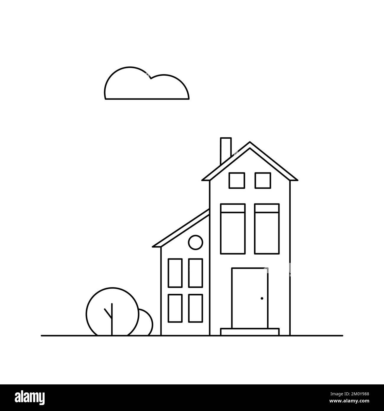 One house and a bush. Neighborhood district. Line art vector illustration. Stock Vector