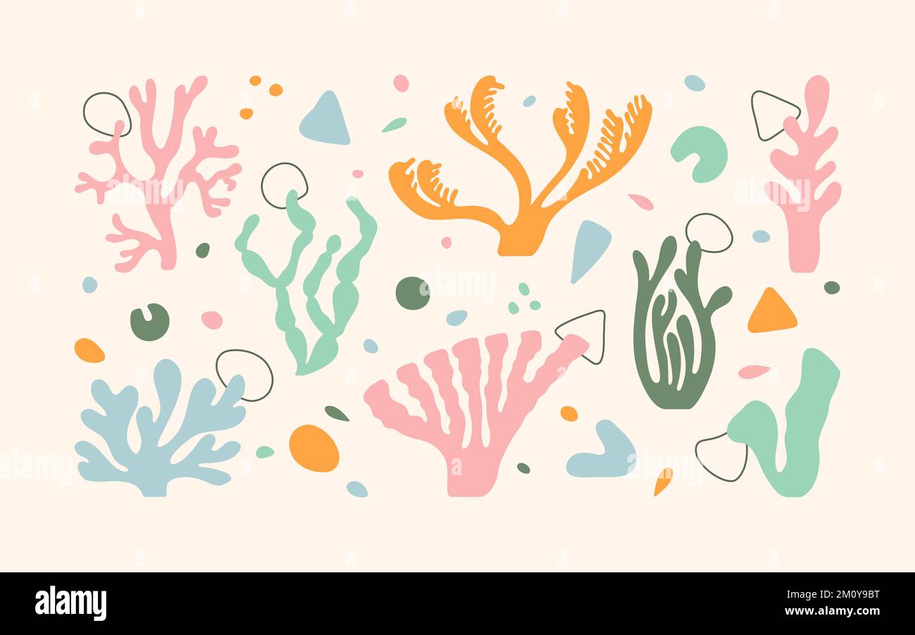 Sea corals drawing in Matisse style. Different abstract shapes. Stock Vector