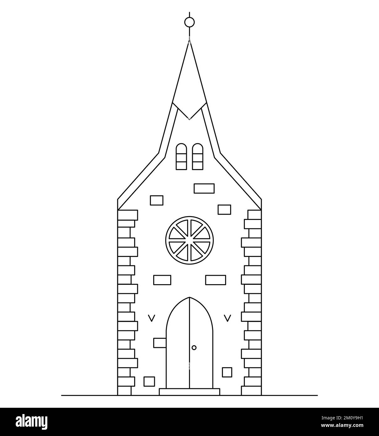 Vector line art illustration with one church. Stock Vector