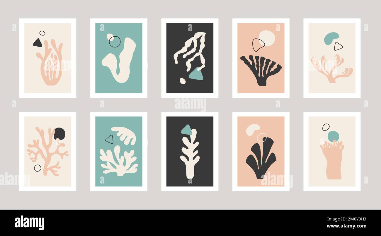 Set of ten abstract posters drawing in Henry Matisse style. Nature shapes, corals in drawing in pink, green, and gray colors. Stock Vector