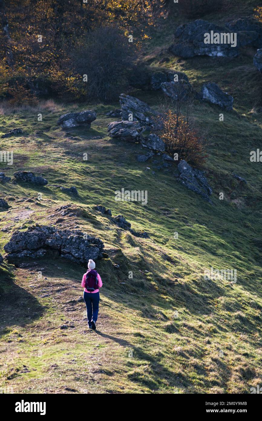 Mountaineer walking on the top of the mountain. Stock Photo