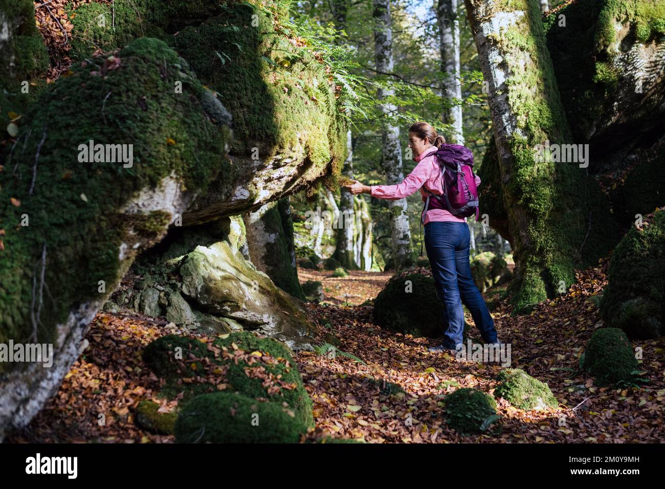 Woman backpacker touching the mossy rocks Stock Photo