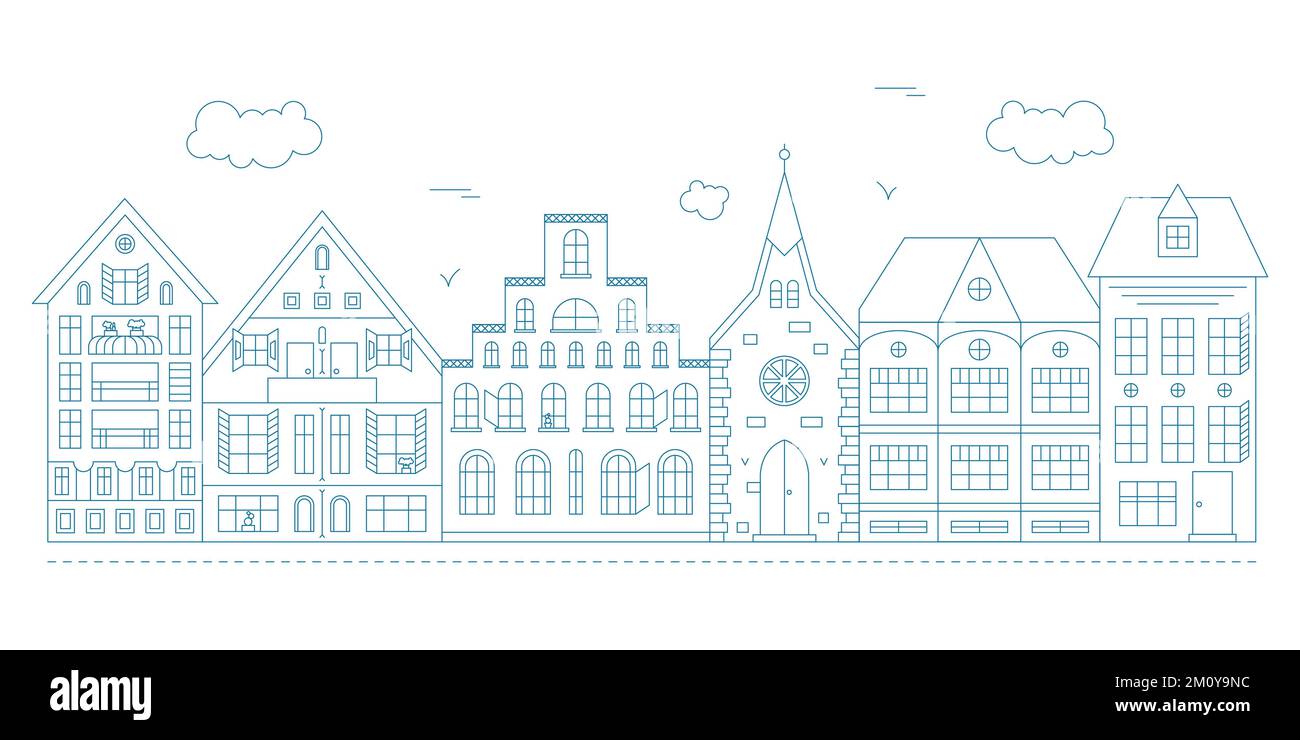 Vector line art illustration with suburban cityscape. Five houses and one church. Stock Vector