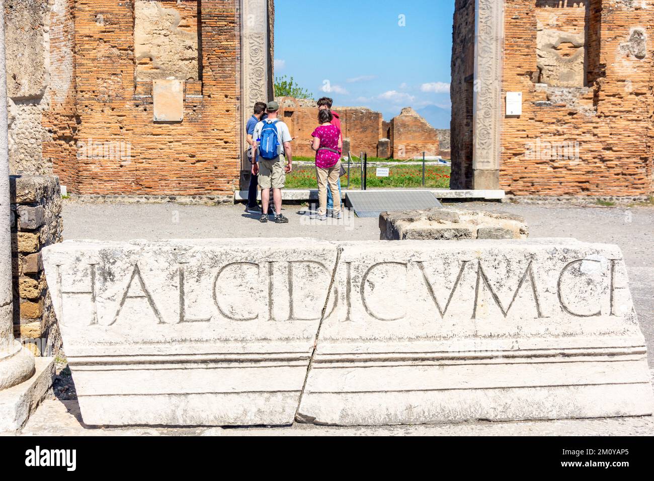 Portico della Concordia Augusta and stone carvings, The Forum, Ancient City of Pompeii, Pompei, Metropolitan City of Naples, Campania Region, Italy Stock Photo