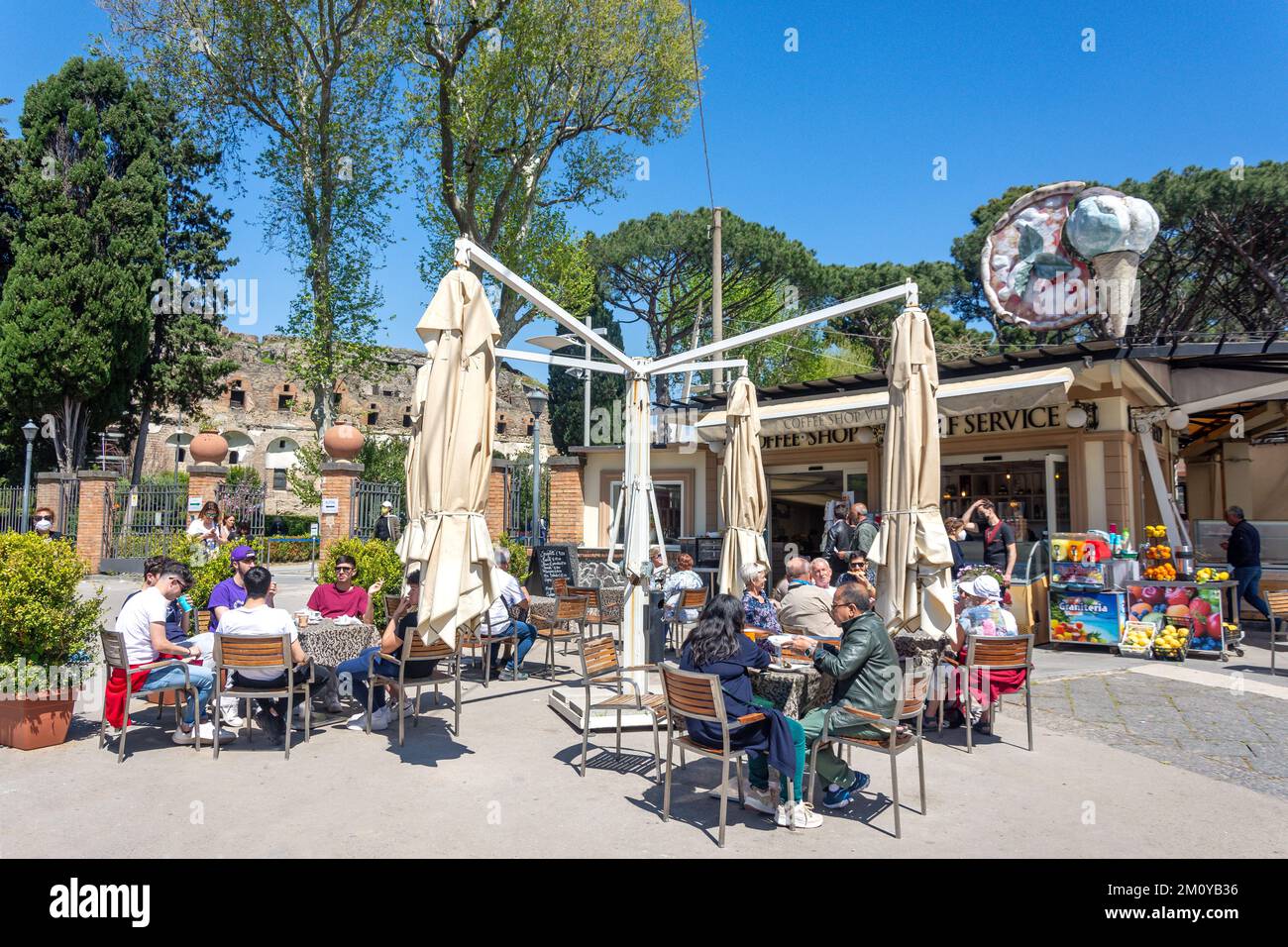 Outdoor restaurant at entrance to Ancient City of Pompeii, Pompei, Metropolitan City of Naples, Campania Region, Italy Stock Photo