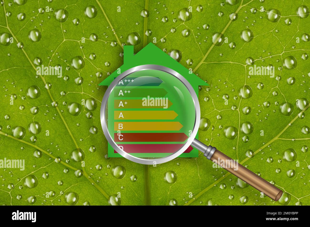 Energy saving, family house and real estate concept, magnifying glass