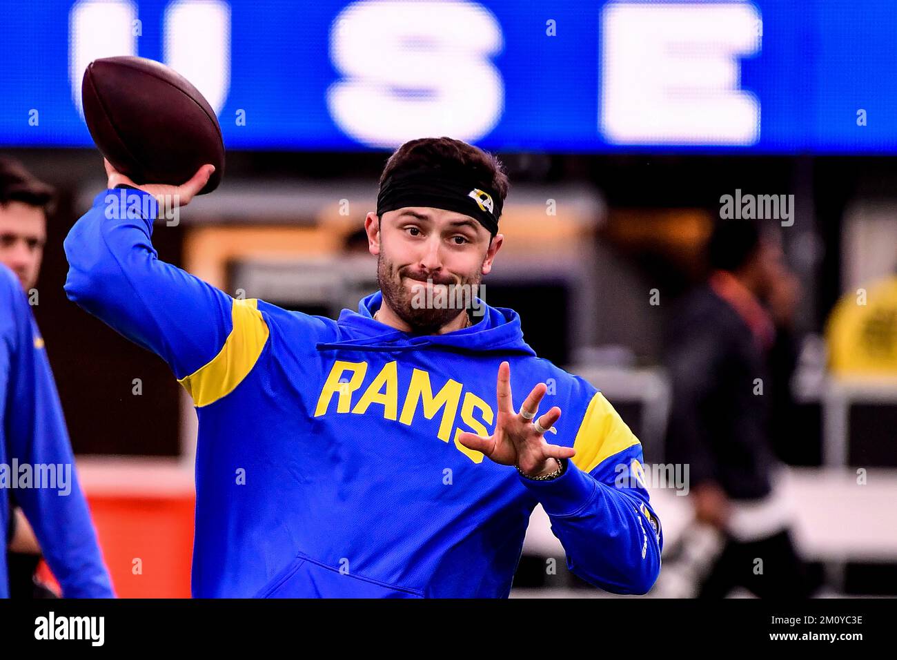 December 8, 2022 Inglewood, CA.Los Angeles Rams quarterback Baker Mayfield 17 warms up before