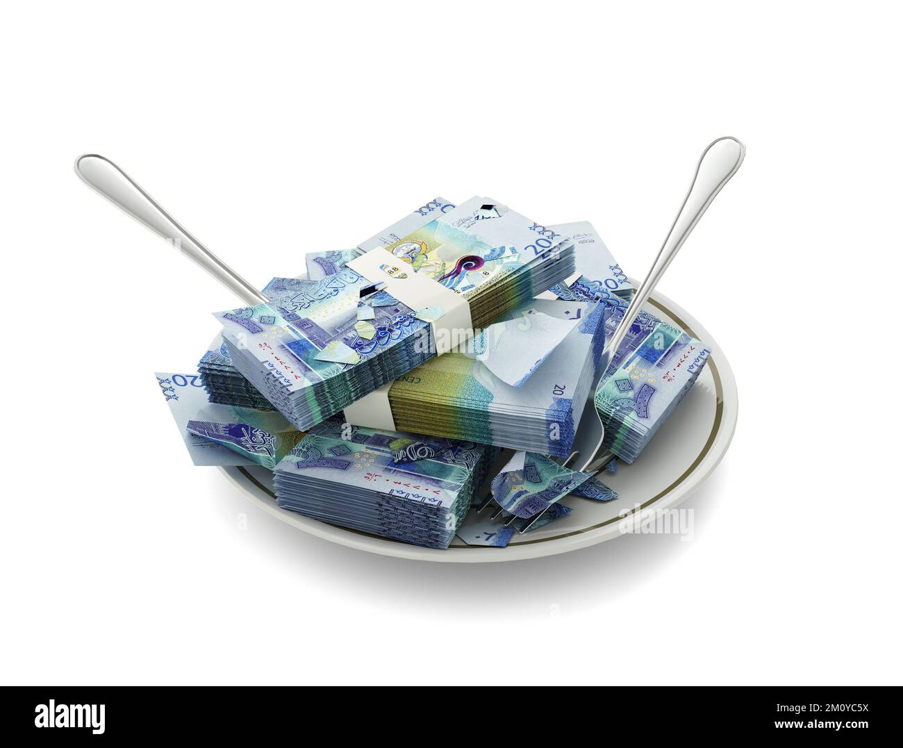 3D rendering of Kuwaiti dinar notes on plate. Money spent on food concept. Food expenses, expensive meal, spending money concept. eating money, misuse Stock Photo