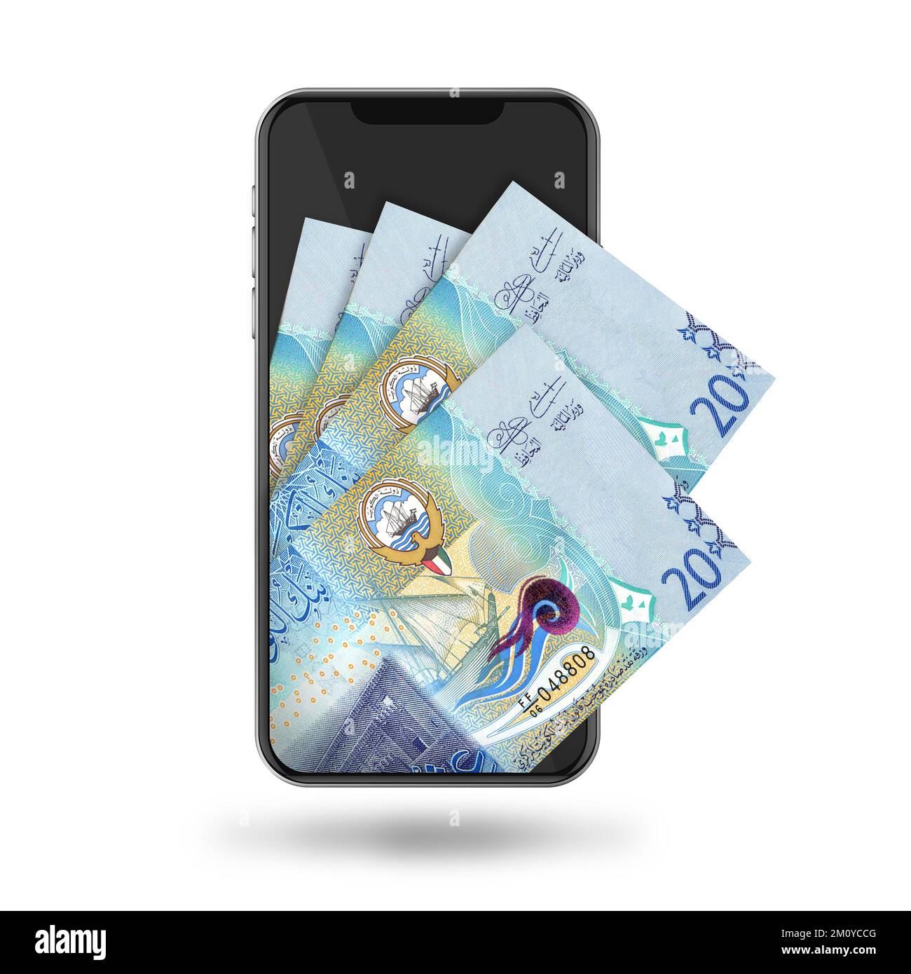 3d Illustration of Kuwaiti dinar notes inside mobile phone Stock Photo