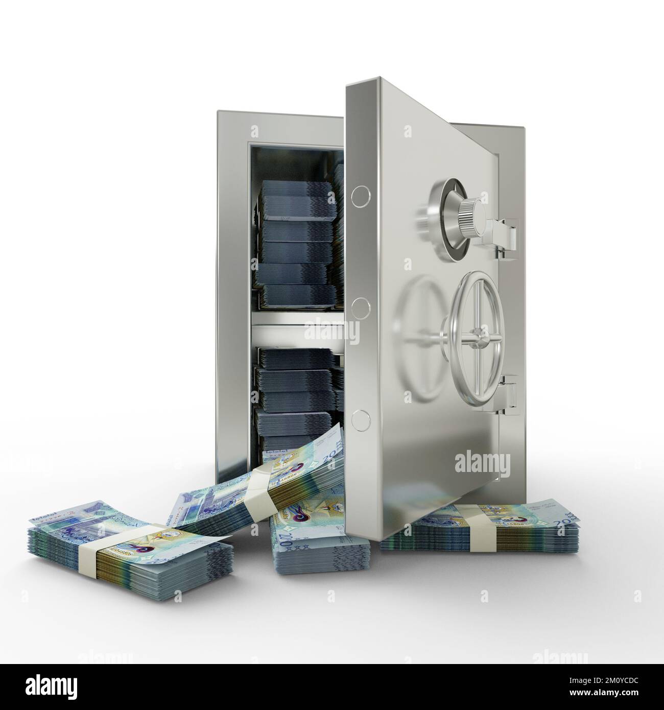 Bundles of Kuwaiti dinar in Steel safe box. 3D rendering of stacks of