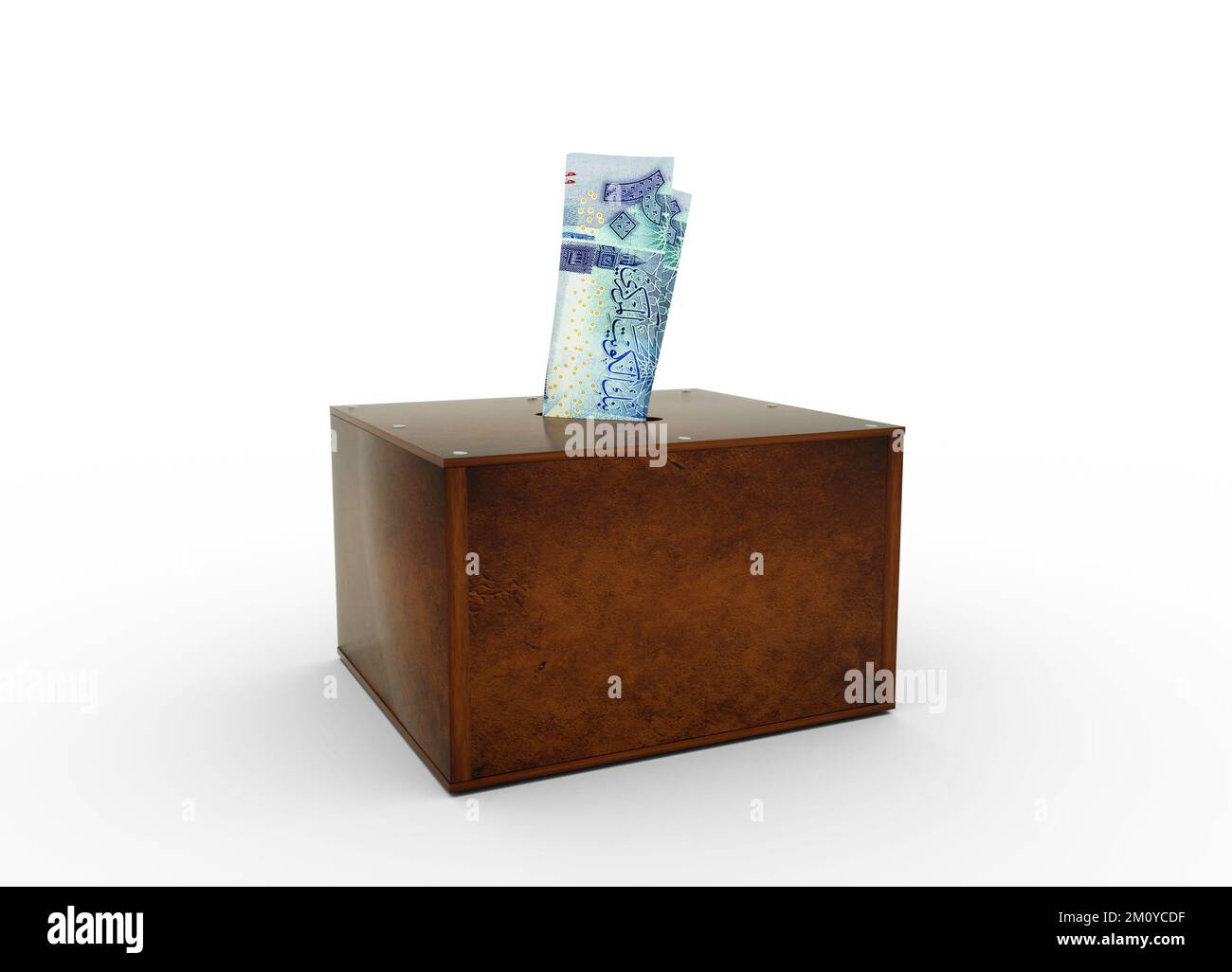 Kuwaiti dinar notes inside wooden savings box. Generic savings Bank
