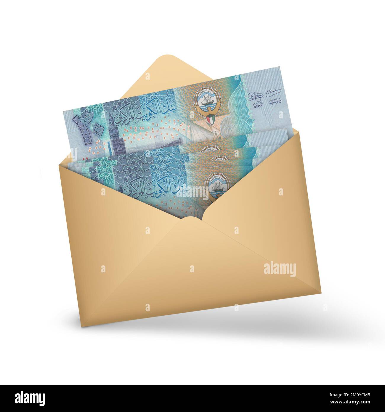 Kuwaiti dinar notes inside an open brown envelope. 3D illustration of money in an open envelope Stock Photo