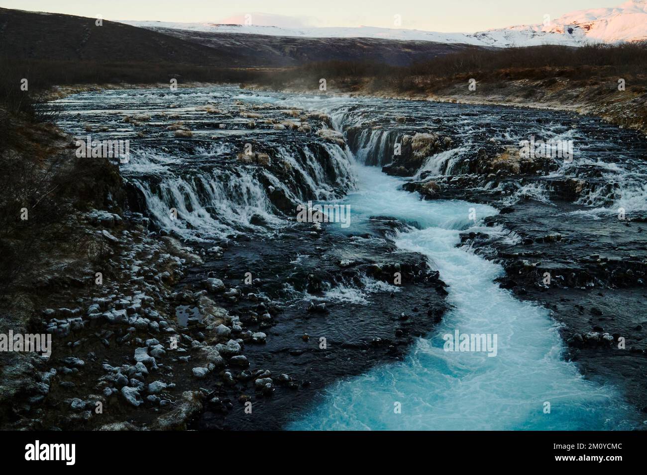 Brúará, waterfall in South Iceland in midwinter, low light and extreme frost Stock Photo
