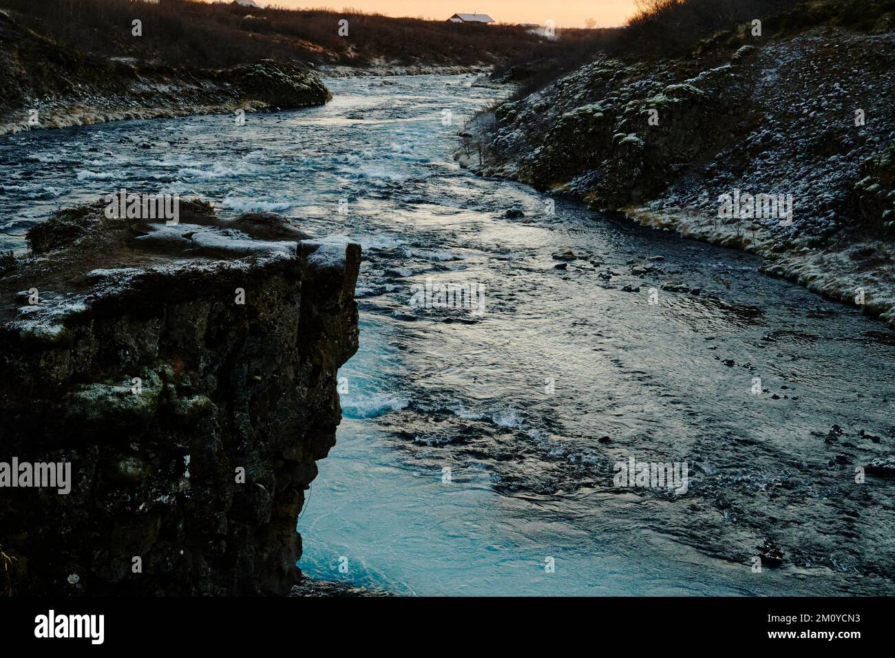 Brúará, waterfall in South Iceland in midwinter, low light and extreme frost Stock Photo