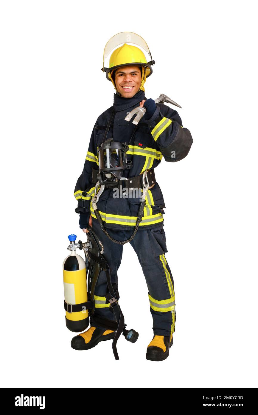 Fireman with breathing air cylinder apparatus and hooligan crowbar Stock Photo