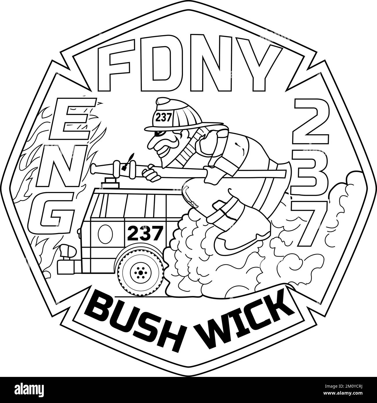 FDNY Engine 237 Bush Wick Black white line art patch coloring page Vector Stock Photo