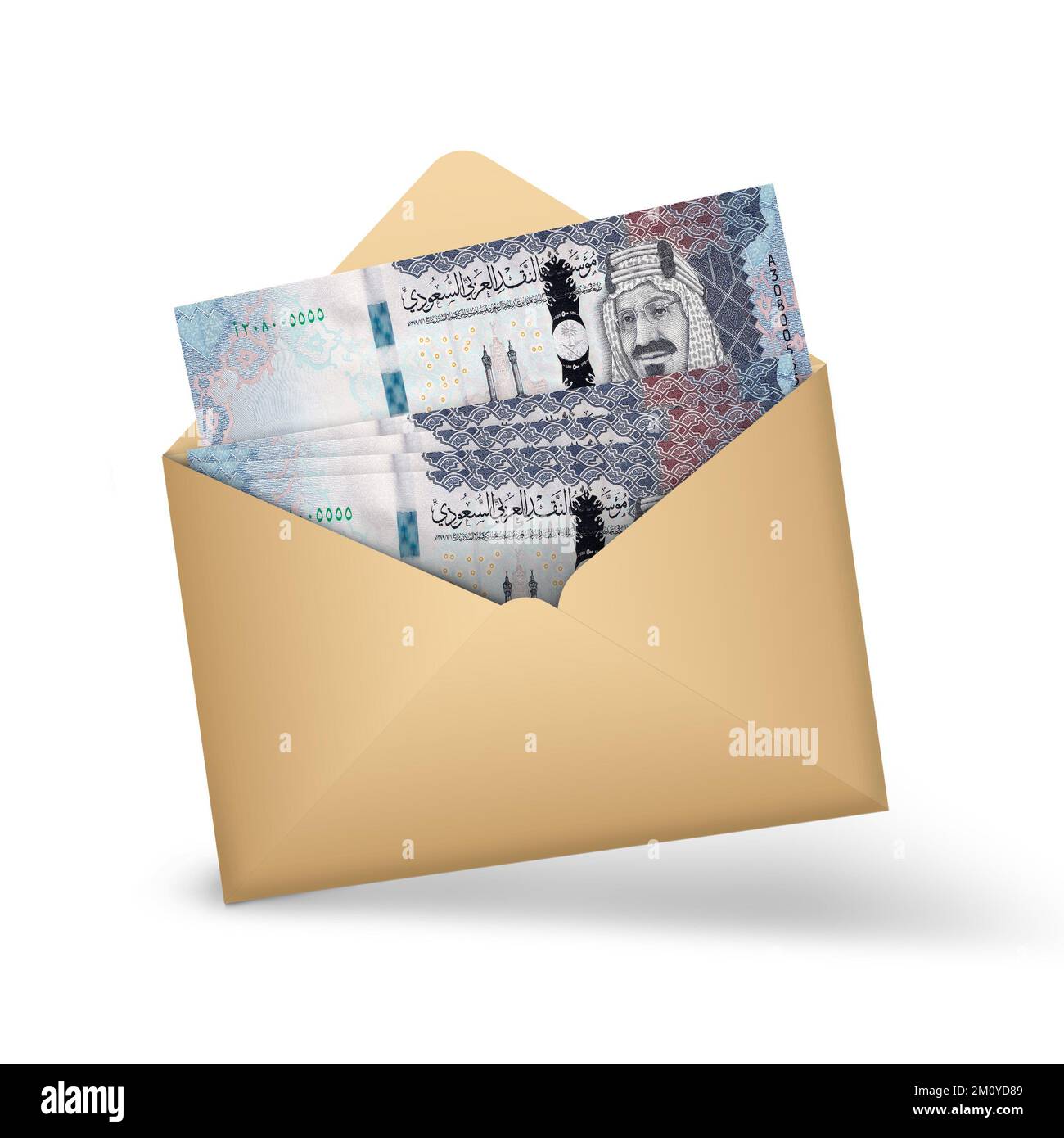 Saudi Riyal notes inside an open brown envelope. 3D illustration of money in an open envelope Stock Photo