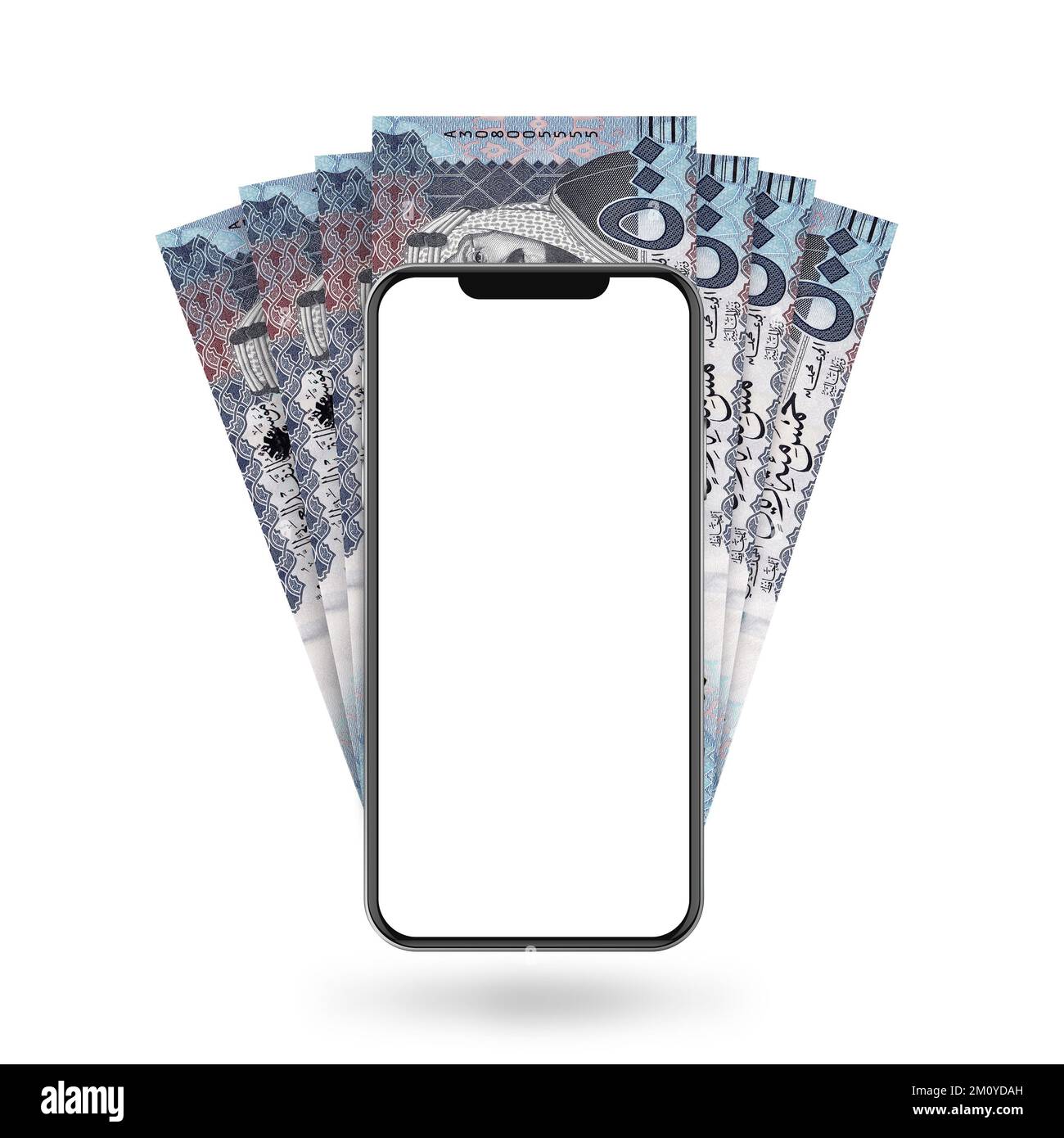 3d Illustration of Saudi Riyal notes behind mobile phone Stock Photo ...