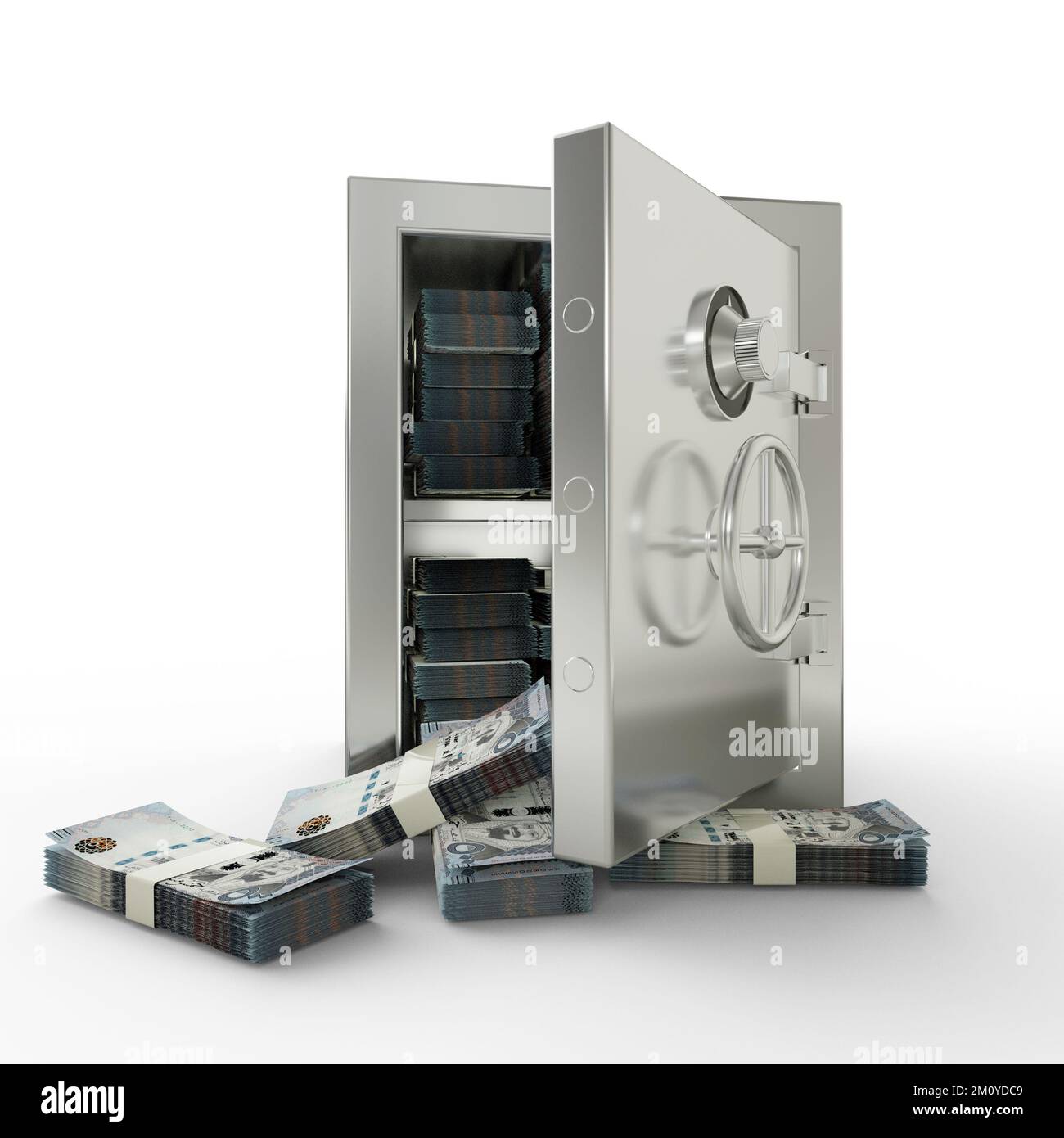 Bundles of Saudi riyal notes in Steel safe box. 3D rendering of stacks