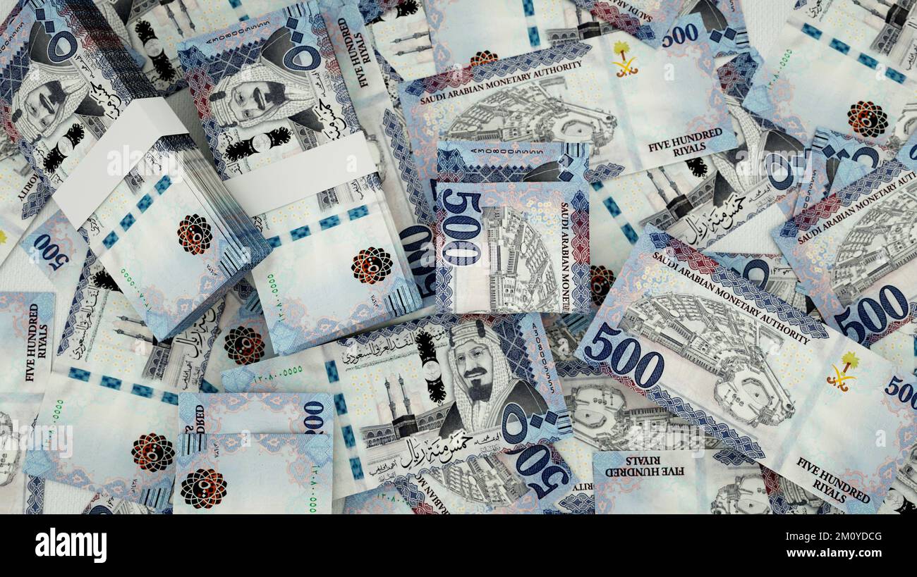 Saudi All Notes 3D rendering of Saudi riyal notes spread on surface Stock Photo - Alamy