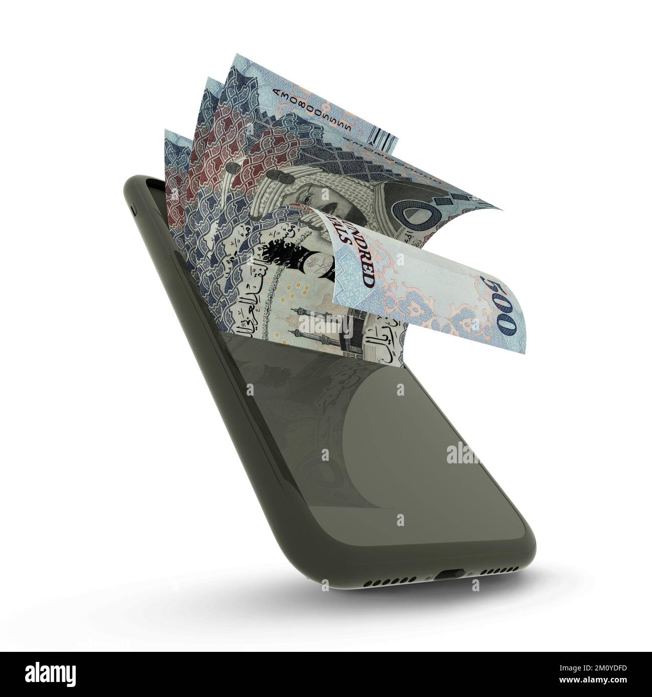 3D rendering of Saudi Arabian Riyal notes inside a mobile phone Stock ...