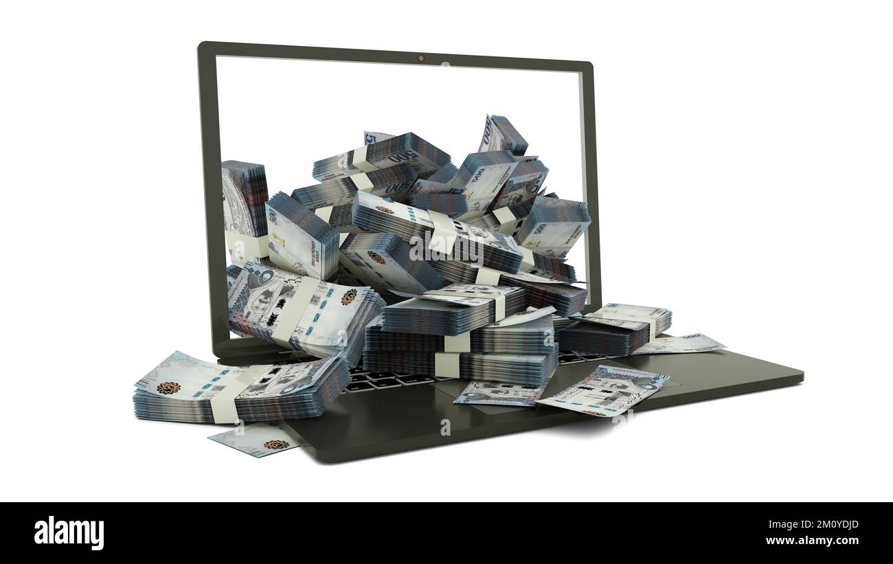 3D rendering of Saudi riyal notes coming out of a Laptop monitor isolated on white background