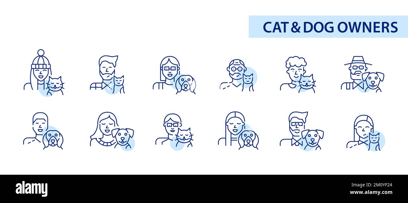 Set of cat and dog owners of different ages icons. Pixel perfect, editable stroke design Stock Vector