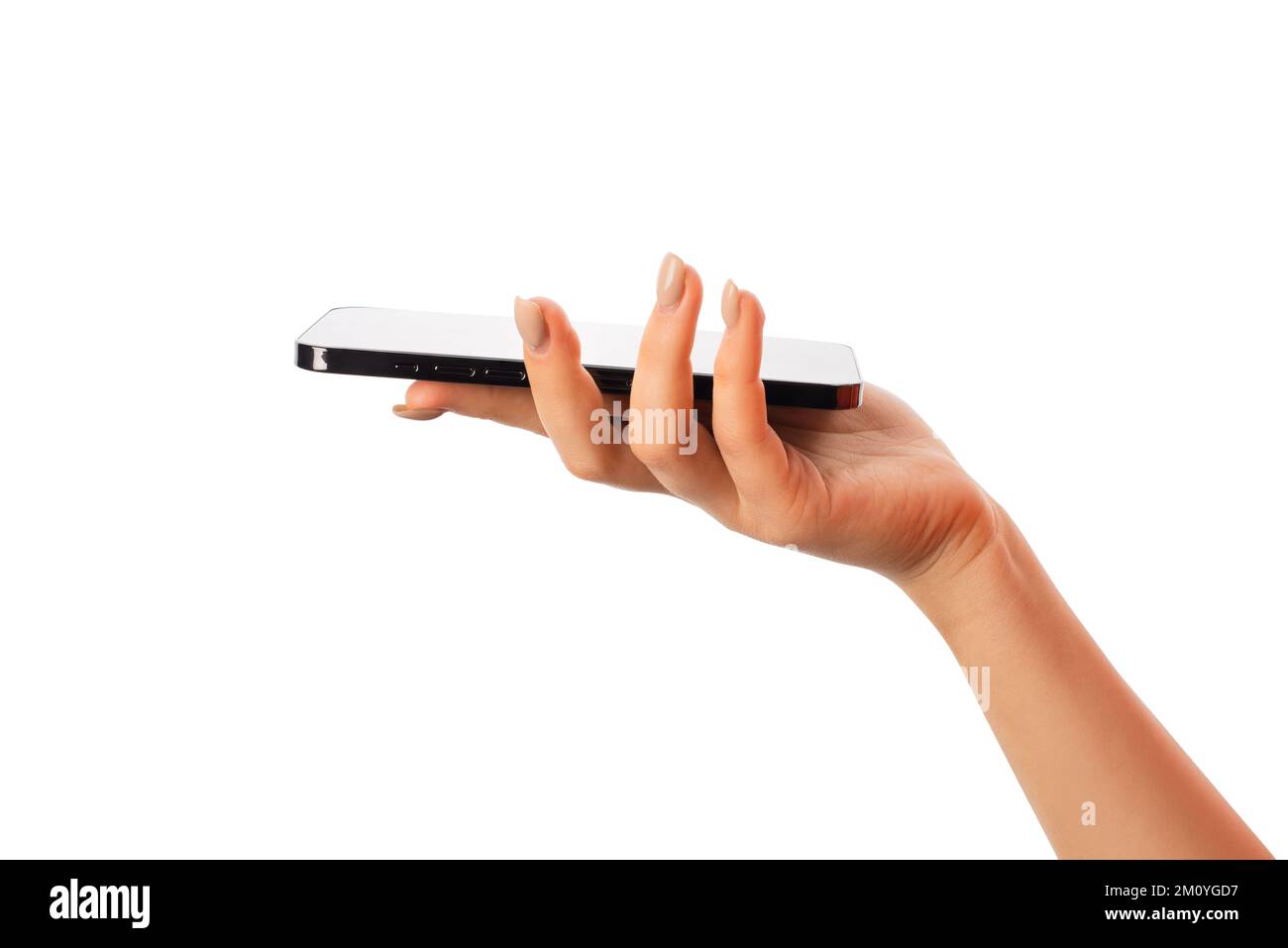 Woman hand holding horizontal smartphone mockup. New modern black frameless smartphone mockup with blank white screen. Isolated on white background Stock Photo