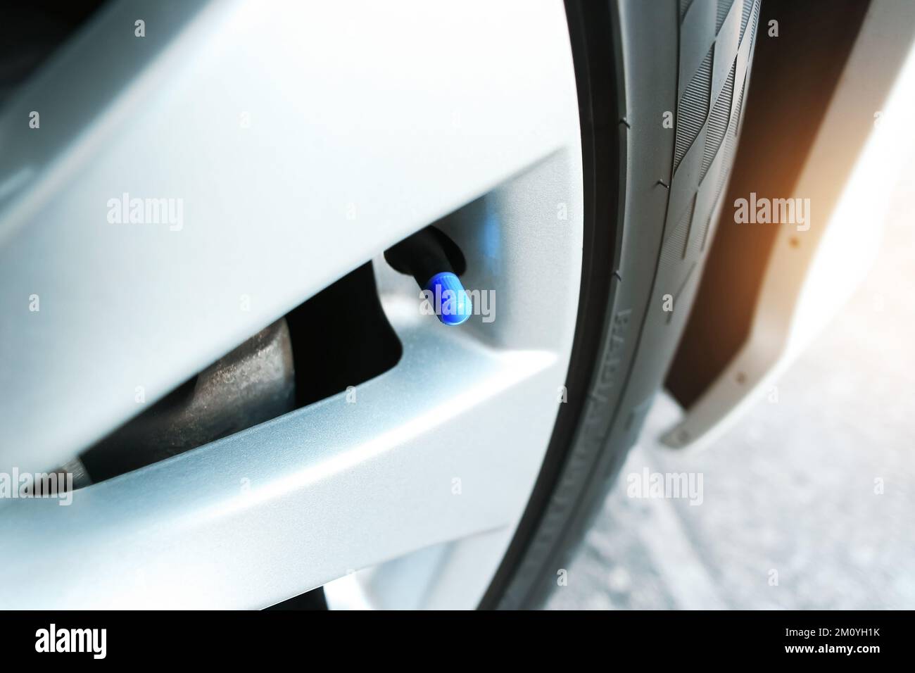 Automotive wheel tire valve for air inflation with a blue cap of the car Stock Photo