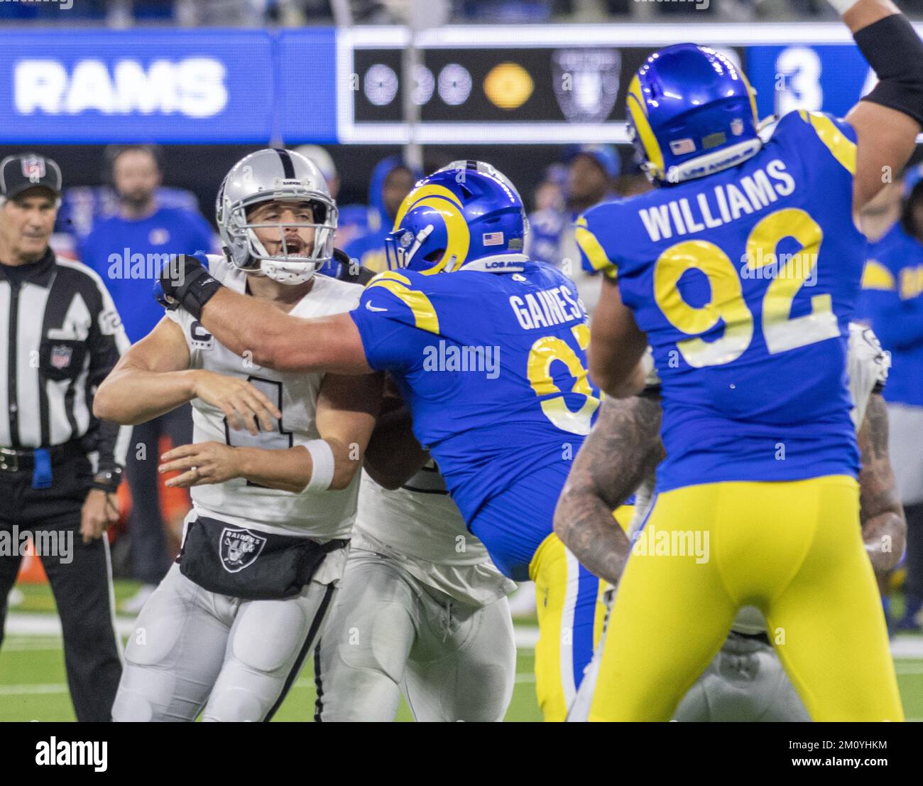 Inglewood, United States. 08th Dec, 2022. Las Vegas Raiders running back  Zamir White (35) and Los Angeles Rams cornerback Derion Kendrick (6)  exchange jerseys after an NFL game on Thursday, Dec. 8