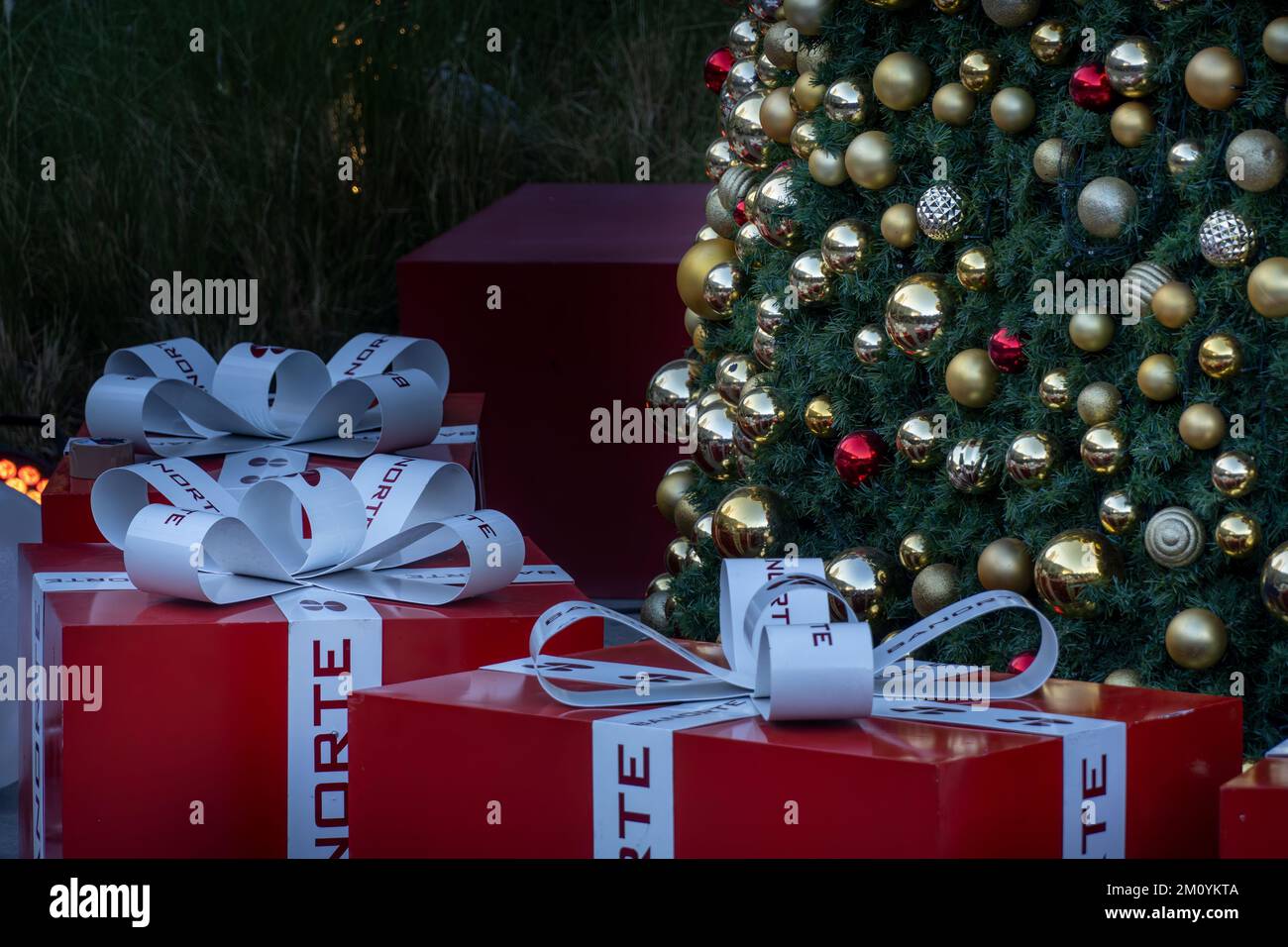 Beautiful Christmas gifts under fir tree on floor in room Stock Photo