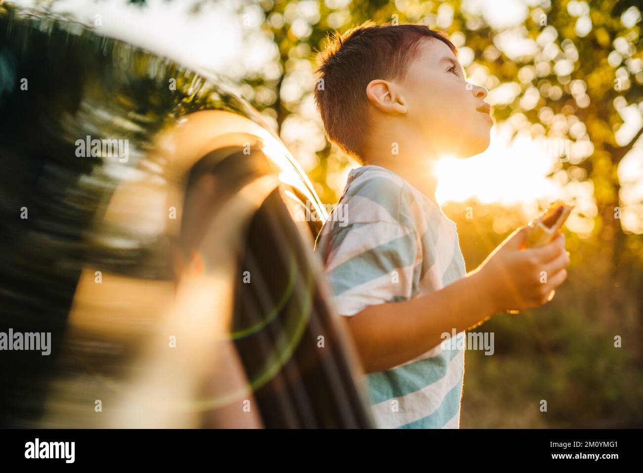 Happy caucasian boy sticking head out of the car window during a trip with his family. Summer vacation. Happy family. Summer vacation fun. Road trip. Stock Photo