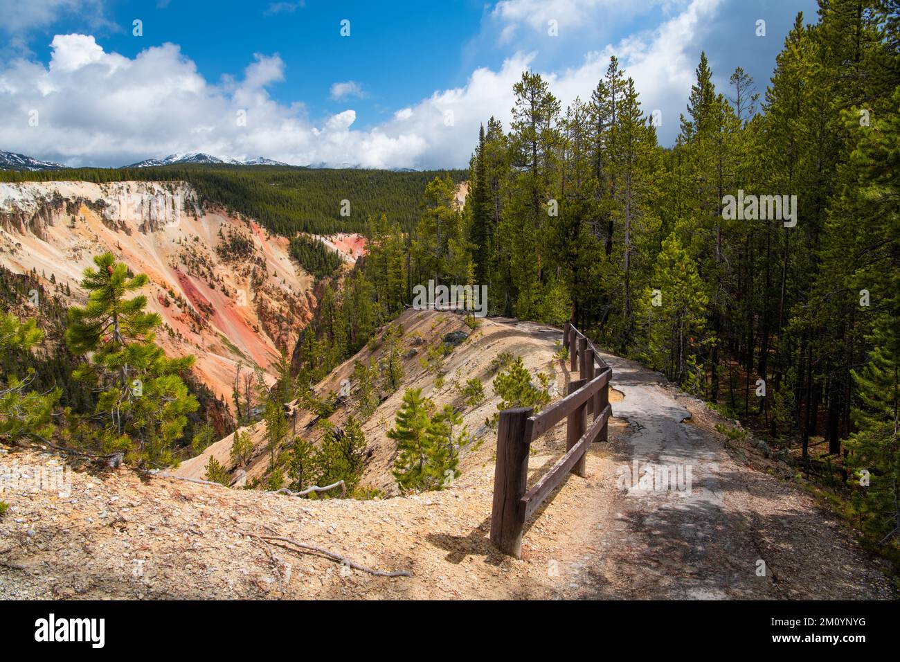 Hiking trail and rustic wood railing high above the colorful Grand Canyon of the Yellowstone, Yellowstone National Park, Wyoming Stock Photo