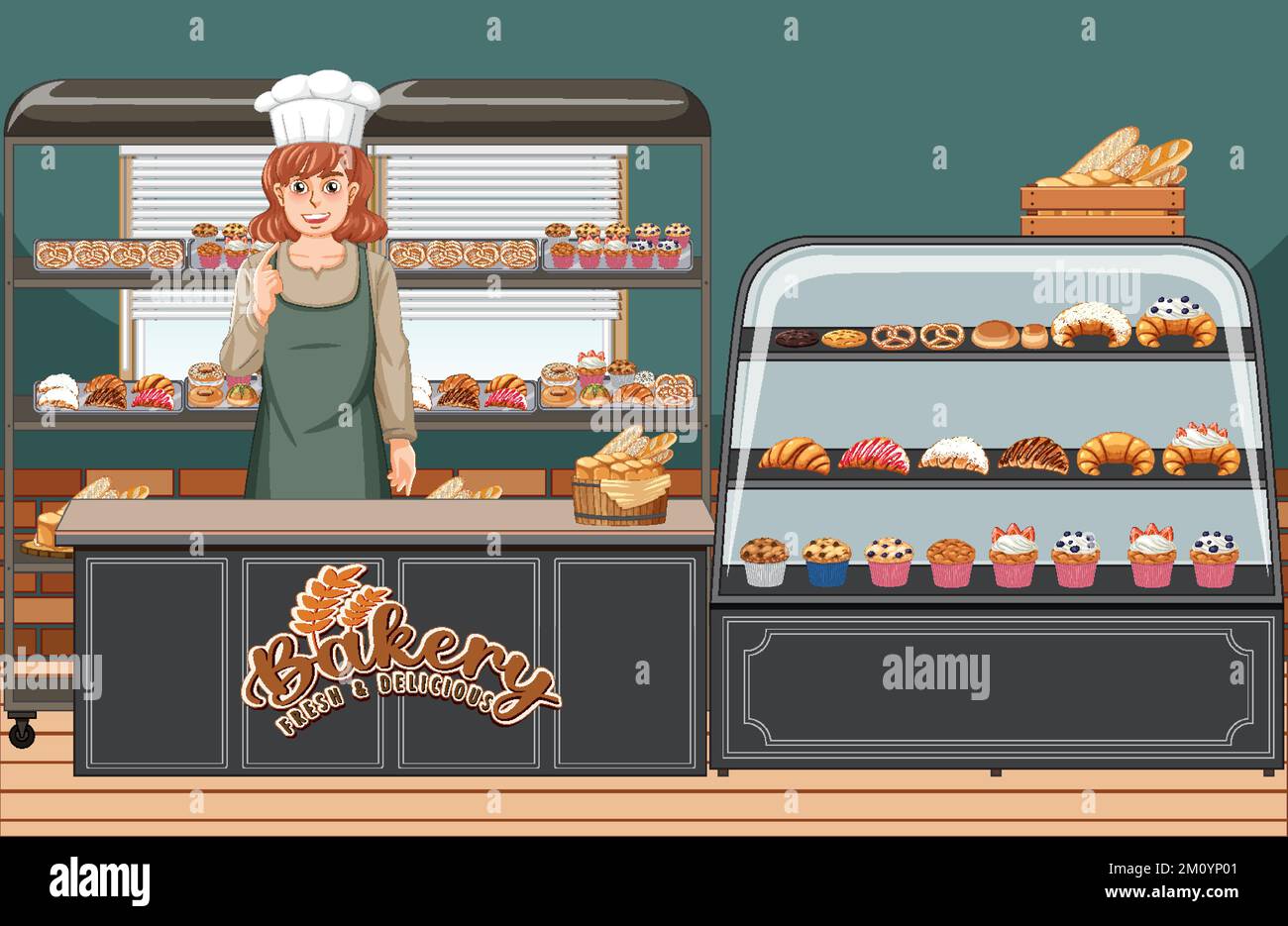 Bakery shop interior with bakery showcase illustration Stock Vector Image & Art Alamy
