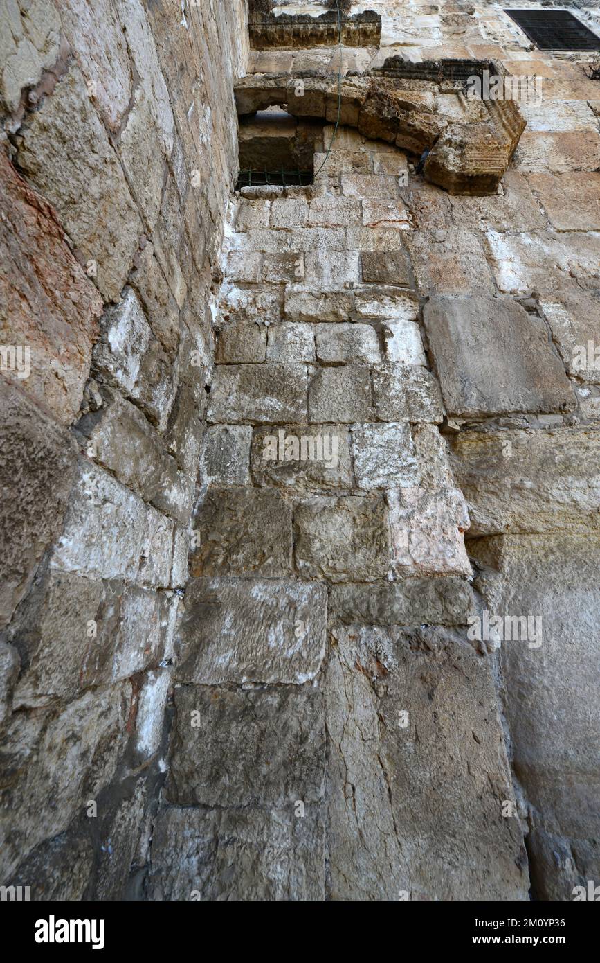 The western (double) Huldah Gate at the The southern wall of the Temple Mount in the archeological park in the old city of Jerusalem, Israel. Stock Photo