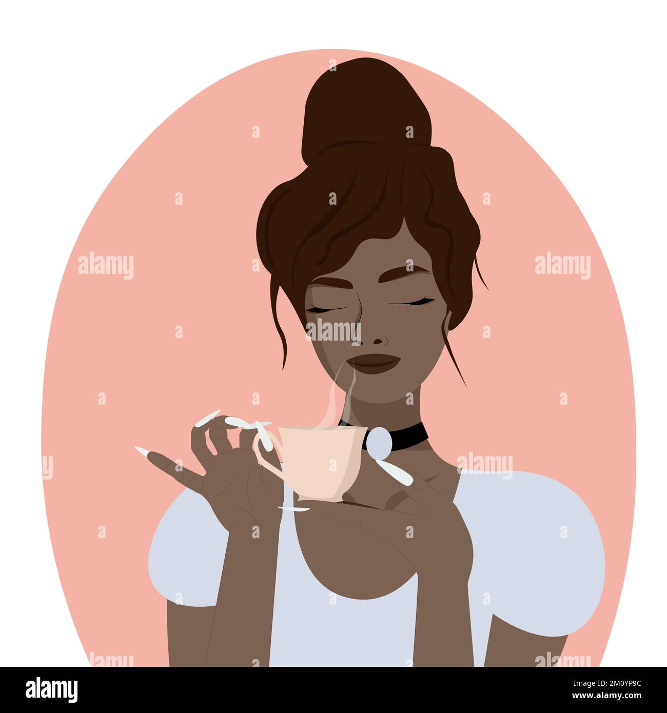 A beautiful dark-skinned sophisticated girl with collected hair and a choker around her neck, holding a beautiful cup of coffee in her hands Stock Vector