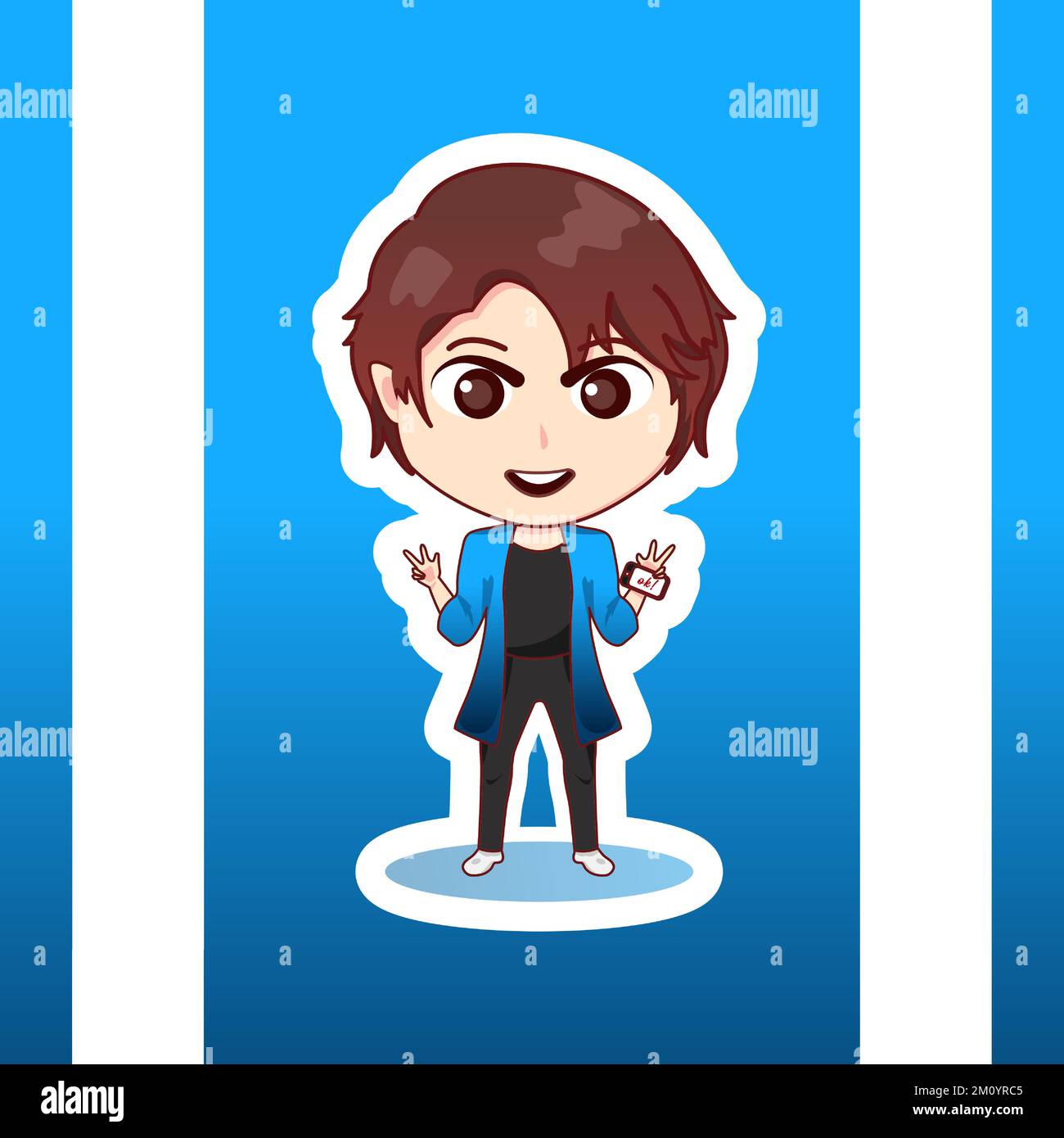 Cute illustration chibi anime cartoon boy standing happy face web sticker icon mascot logo emote Stock Vector