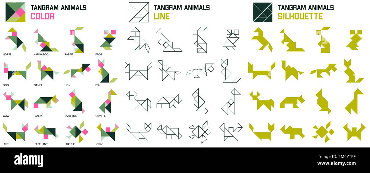 Tangram puzzle for kids. Set of tangram animals. Stock Vector