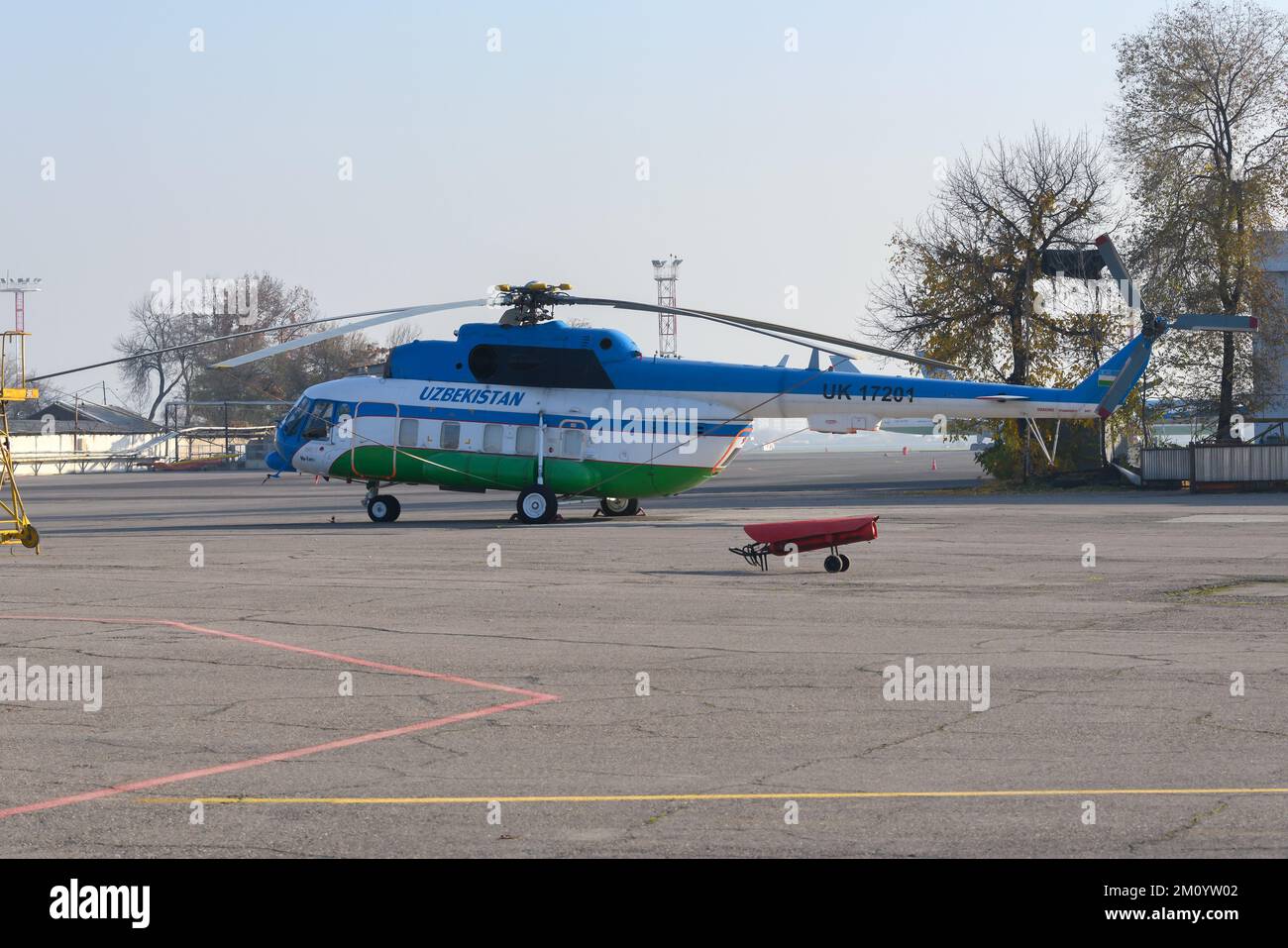 Uzbekistan Airways helicopter Mil Mi-8. Uzbekistan Helicopters Mil Mi8 registered as UK17201. Mi-8MTB-1. Stock Photo